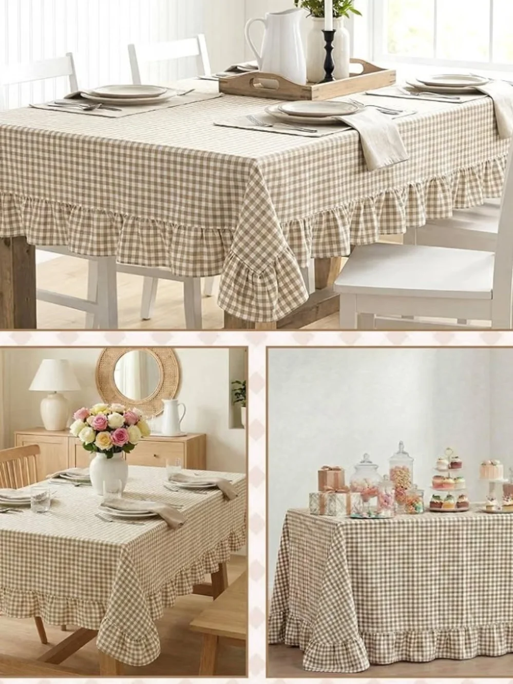 Ruffled Gingham Cotton / Linen Soft Tablecloth 60 X 84